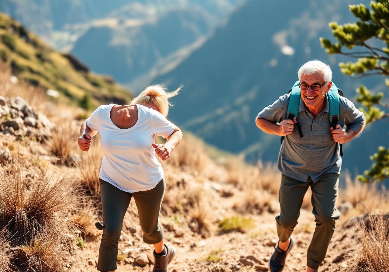 Active senior couple hiking, demonstrating joint mobility